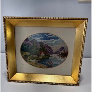 Framed Vintage Landscape Needlepoint Art Gold Frame 8" x 9" Rustic Chic Décor